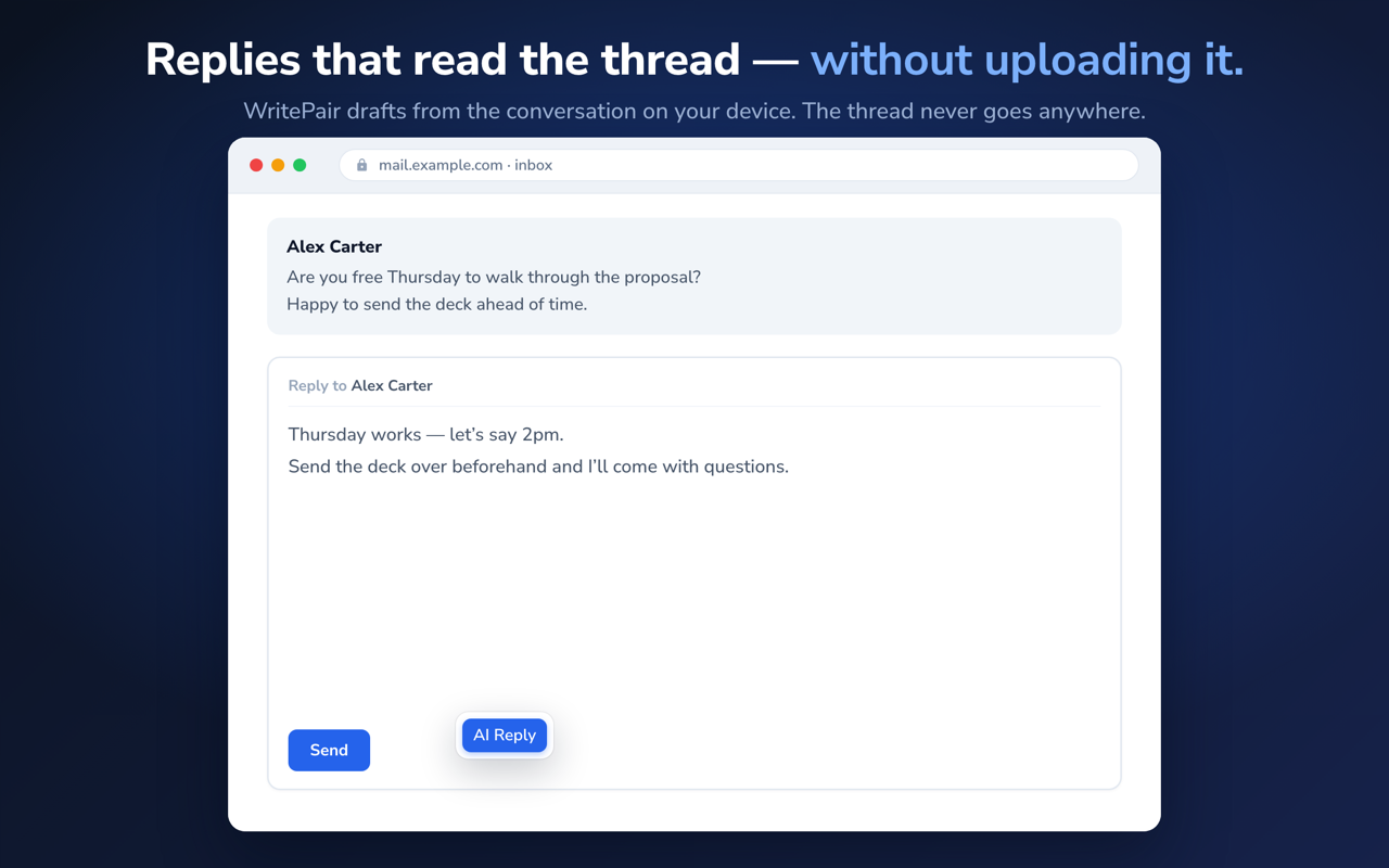 An AI Reply button on a webmail compose box, drafting a reply to the thread above it.